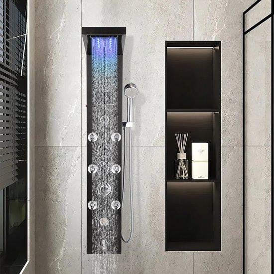 Modern zwart LED-douchepaneel van roestvrij staal met regendouche, massagefunctie, LCD-display en handdouche met thermostaat