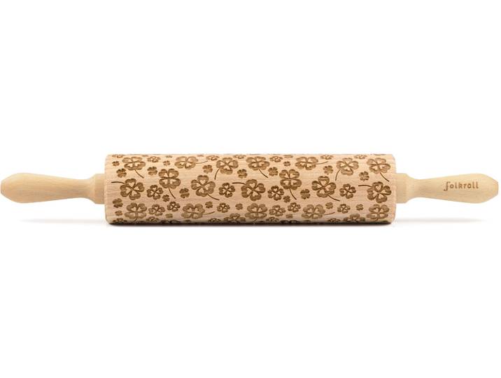 Teigroller FOLKROLL 3D-Motiv-Teigrolle , braun, L:43cm, Massivholz, Teigroller, Teigroller, Kleeblatt