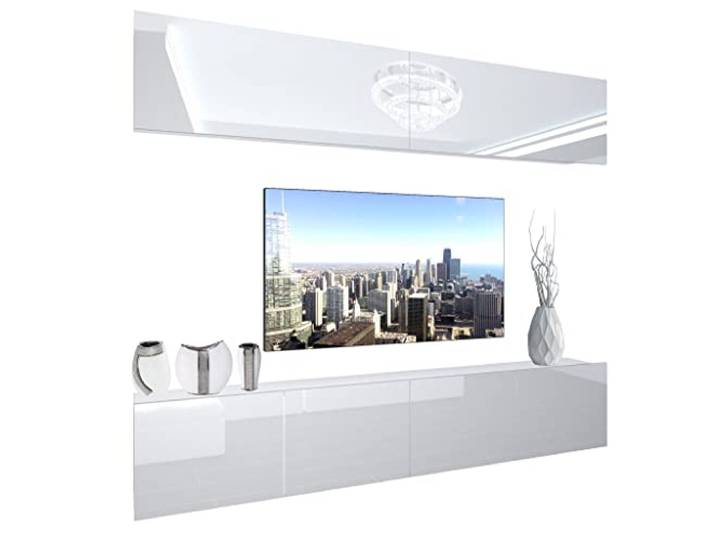 BELINI Wohnwand Vollausstattung Wohnzimmer-Set Moderne Schrankwand mit LED-Beleuchtung Anbauwand TV-Schrank Weiß