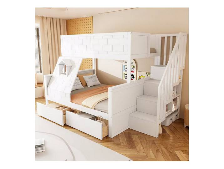 Flieks Etagenbett, Kinderbett 90/140×200cm Schubladen Stautreppe einzigartiges Fenster