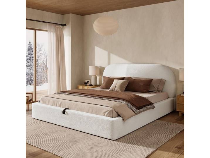 Lit double 180x200 cm rembourré en velours bouclé avec rangement hydraulique - Beige