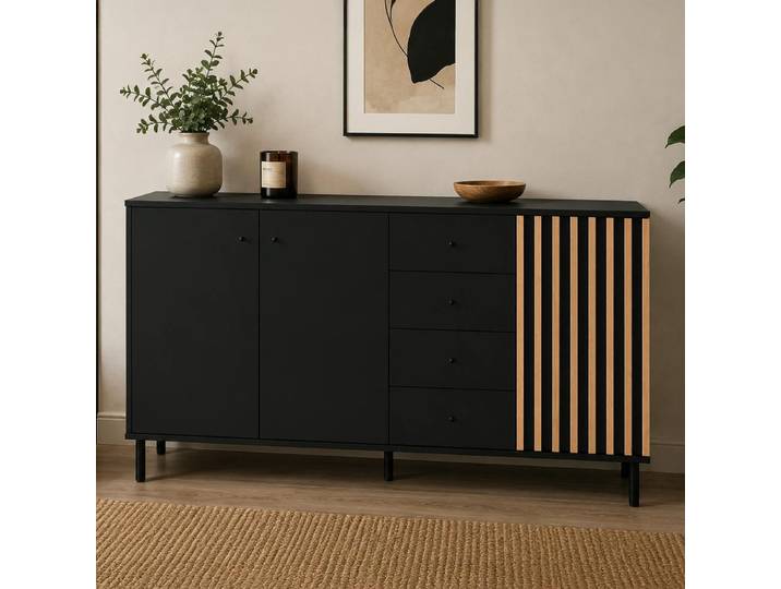 Buffet Design Noir Décor Bois 3 Portes 4 Tiroirs Noren