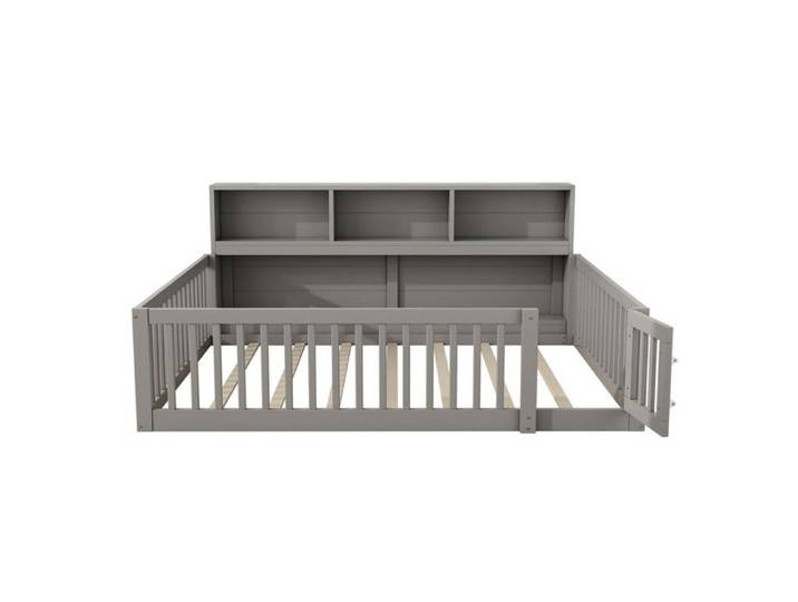 Lit au sol 140x200 Lit enfant avec rangement lit au sol en bois massif avec sommier(sans matelas) barrières de sécurité pin gris
