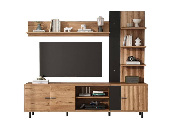 Flieks Tv-Wohnwand Vitrine TV Board Regal Holz Schwarz, Mehrfarbig, 187.5x167x40 cm, Wohnzimmer, Wohnwände