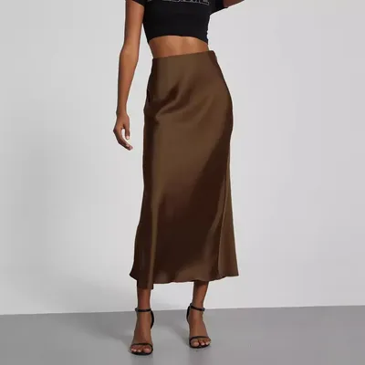 Elegant Womens Midi Skirt, Satin Texture, Versatile Solid Color, Style Fashion m coffee