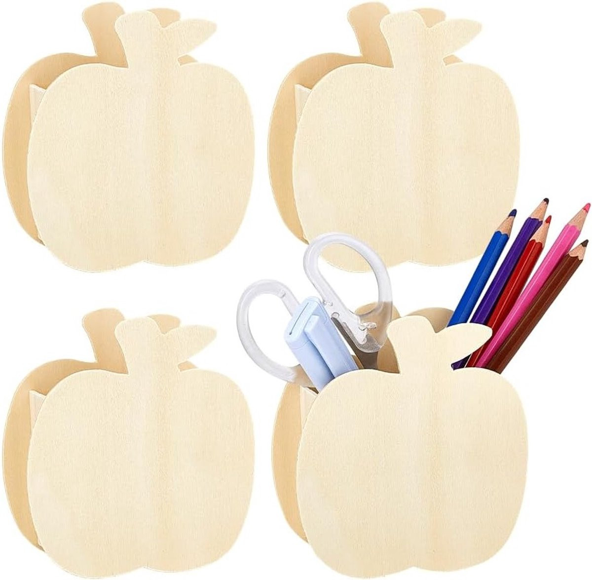 Set van 4 houten pennenhouders in appelvorm voor thuis, school en kantoor