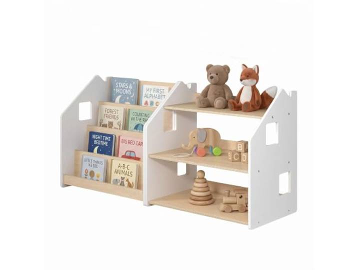 BusyKids Kinder Bücherregal & Spielzeugregal Set, natur/weiß Kinderregal Set aus Holz für Kinderzimmer, Bücherregal: 4 Regalböden + Rückseite für Spielzeug; Spielzeugregal: 3 Ebenen