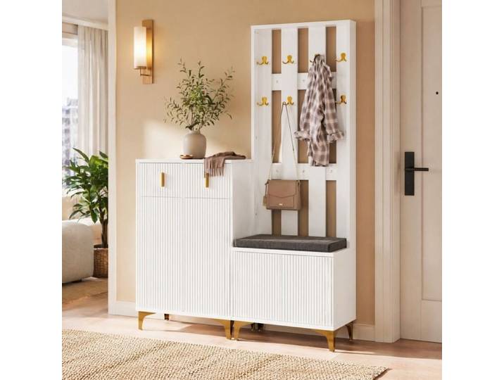 VUENOR Meuble d'entrée avec penderie meuble à chaussures 2 tiroirs 2 portes et coussin