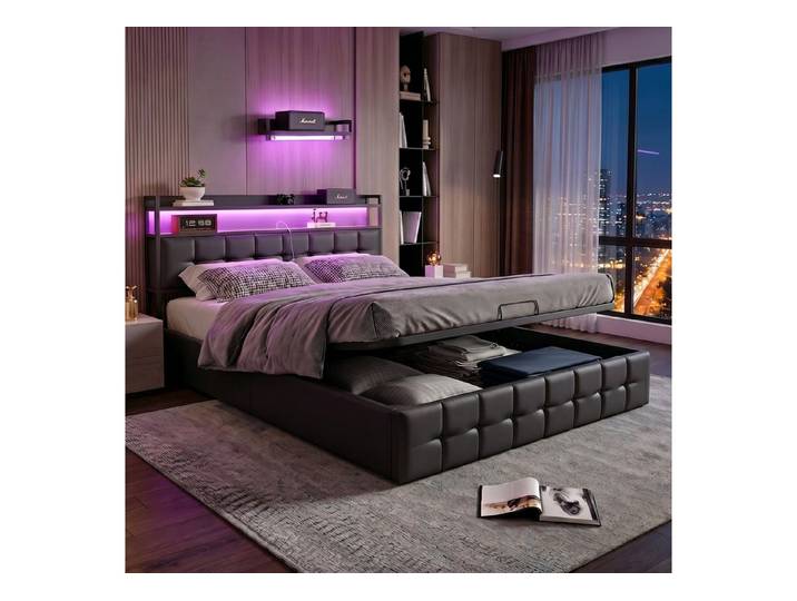 Simurq Polsterbett 160×200 cm LED-Bett mit Stauraum und Ladeanschluss (Lattenrost und hohe Belastbarkeit, Lederpolsterung), Modernes Jugendbett mit ruhigem Design