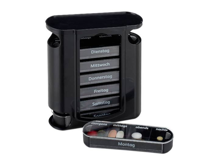 Pillendose 7 Tage 4 Fächer Weiss-Schwarz-Transparent