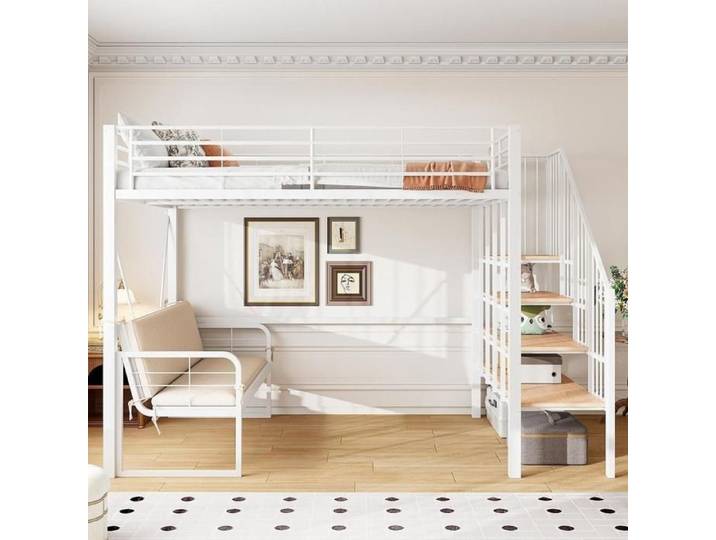 Lit superposé - KOMHTOM - Avec canapé 140x200 - Rangements intégrés - Métal blanc