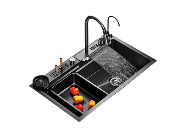 Aufsatzküchenspüle, Einbau, Edelstahl, Schwarz Tiefe Arbeitsspüle mit Schneidebrett, Geschirrkorb, Tassenspüler for Wäsche, Bar, im Freien(G75/45cm/29.5/17.7in)