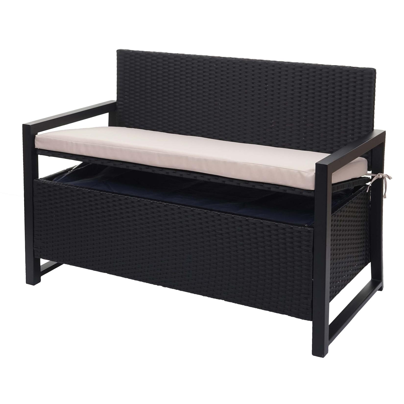 Poly-Rattan 2er Sitzbank MCW-F39, Gartenbank Truhenbank, Staufach Aufbewahrung Sitzkissen ~ anthrazit, Kissen beige