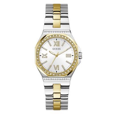 Quarzuhr GUESS "EMPRESS", silberfarben, weiß, goldfarben, weiß, Armbanduhren, Damen, goldfarben, Quarzuhr, Armbanduhr, Damenuhr, Edelstahlarmband, analog