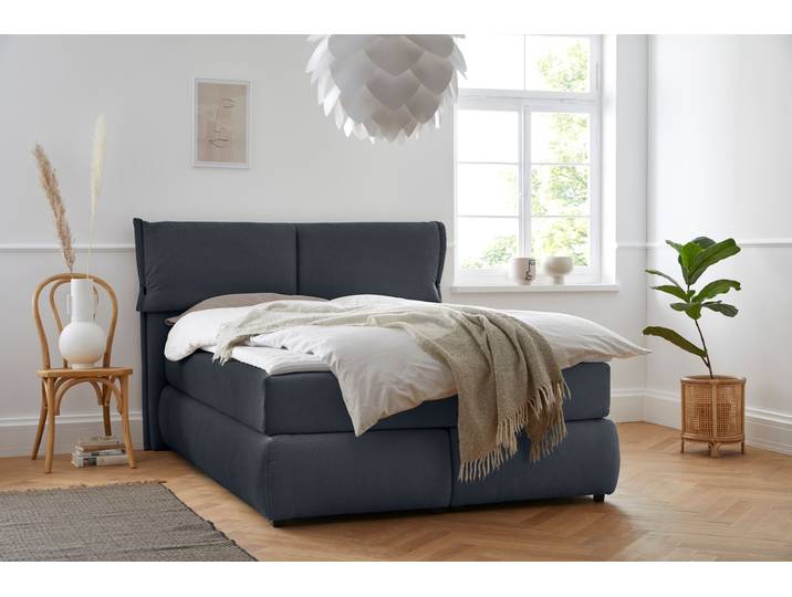 Boxspringbett, Blau, 168x225 cm, Strukturweich, Topper & 7-Zonen-Matratze, Skandinavisch, andas