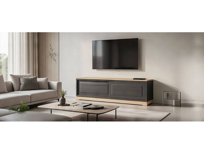 Meuble TV lisse Pin massif brossé Gris/Gris/Pin crème 166cm