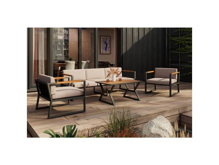 Ambia Garden Loungegarnitur, Anthrazit, Holz, Metall, 4-teilig, Akazie, massiv, Füllung: Polyester,Polyester, Polyurethan (Pur), U-Form, Fsc, Bsci, Loungemöbel, Gartenlounge-Sets