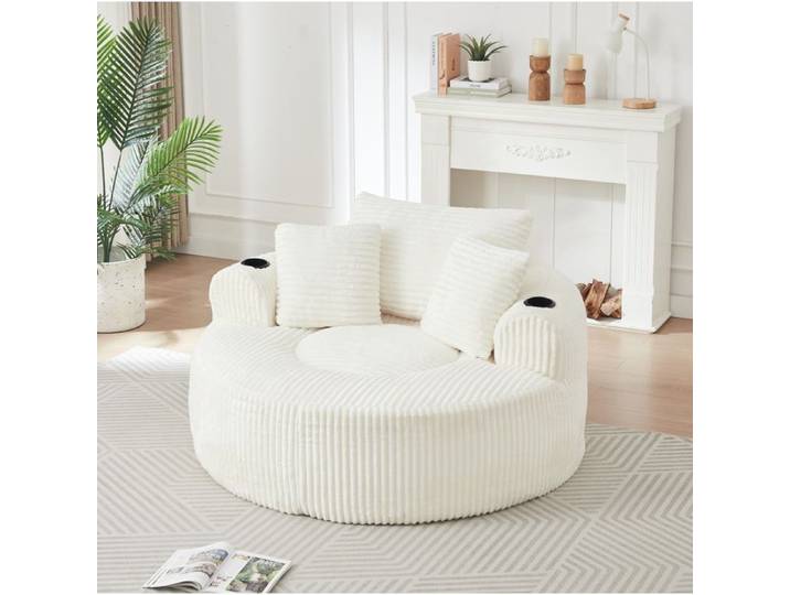 Modenuit Fauteuil lounge rond 1 place en velours côtelé beige 3 coussins 2 porte-gobelets
