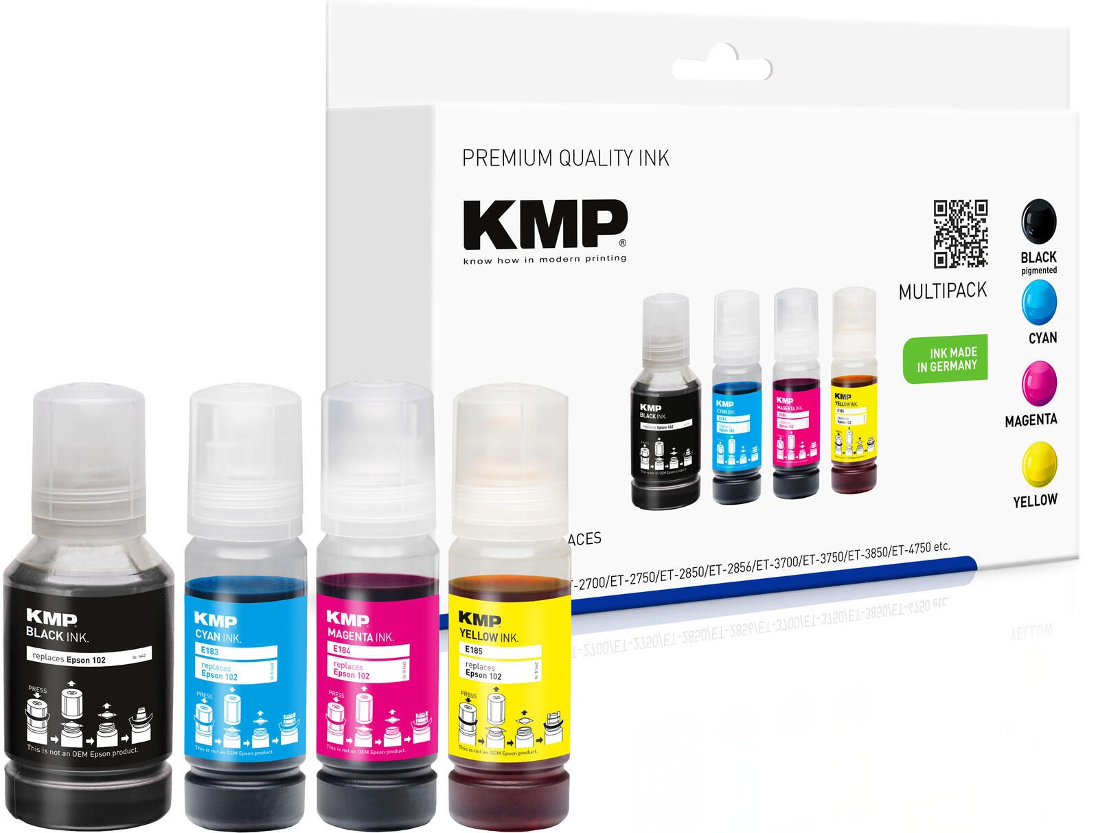 KMP Tintenflaschen schwarz, cyan, magenta, gelb kompatibel zu EPSON 102 (T03R640), 4er-Set 1642,1005