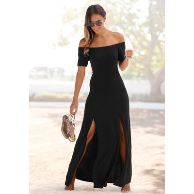 Maxikleid LASCANA "mit langen Beinschlitzen und Carmenausschnitt, elegant", Damen, Gr. 38, N-Gr, Kurzarm, Jersey, schwarz, Jersey, Obermaterial: 95% Polyester, 5% Elasthan, figurumspielend bodenlang, Carmenausschnitt, Kleider Maxikleid,...