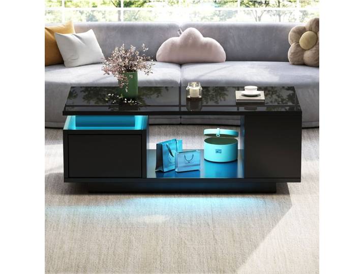 Table basse noire brillante avec LED tiroir et rangements latéraux