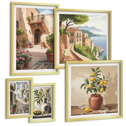 BILDER SET 5er Set - 50x50 cm & 20x30 cm & 40x60 cm Goldrahmen - Zitronenblumen im Topf, Straßen