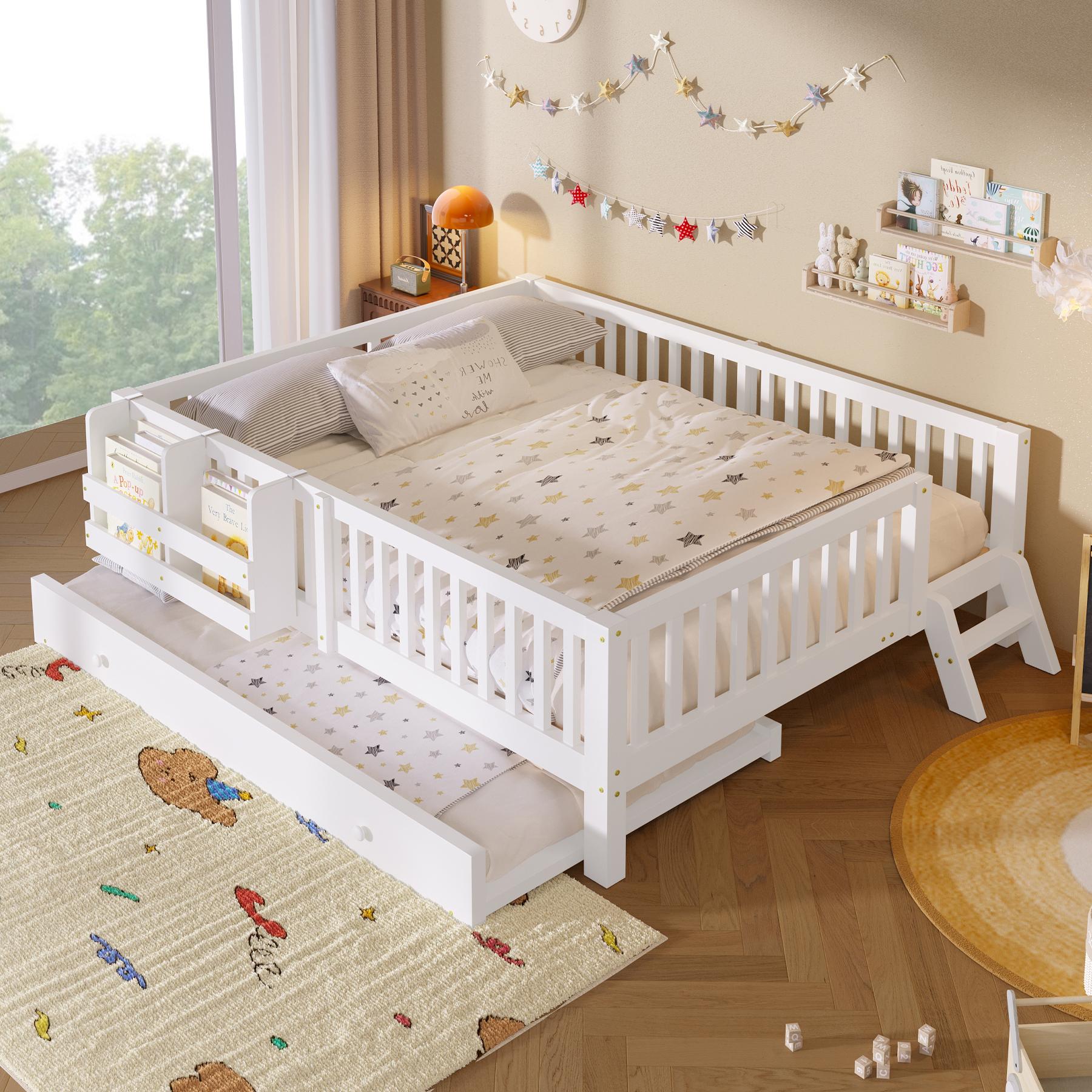 STILVORA Plattformbett 140x200 cm mit zwei Matratze Bettgestell aus Holz mit Schutzgeländer, Holzbett mit integriertem Tagesbett, Kinderbett Weiß