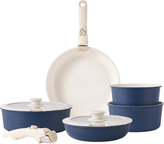 Blauwe keramische non-stick kookset met pan en deksel