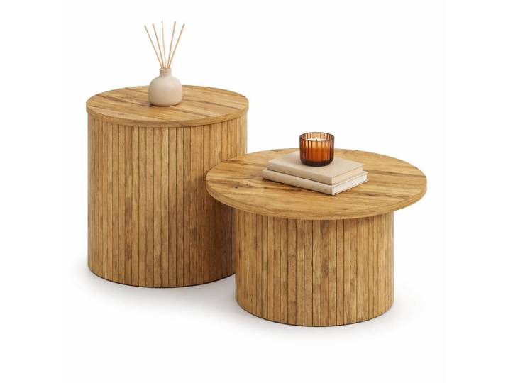 Stilvora Couchtisch in Naturfarben Wohnzimmertisch- Set mit 2 runden Tischen, B75/T75/H36cm und B50/T50/H50.5cm, Oval,Rund, 75x50.5x75 cm, Wohnzimmer, Wohnzimmertische, Couchtische
