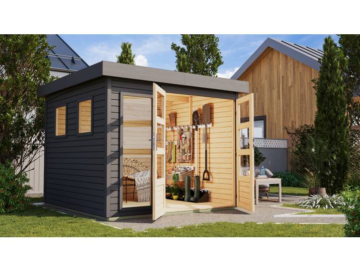 Gartenhaus KARIBU Langesee 3,5 , grau (terragrau), ohne Fußboden, ohne Dacheindeckung, Massivholz, Gartenhäuser, Gartenhaus, aus hochwertiger nordischer Fichte mit wasserabweisender Profilierung