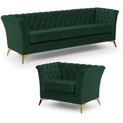 SITZGARNITUR 3+1 Chesterfield Whitby Flasche Grün Samt mit goldenen Füßen