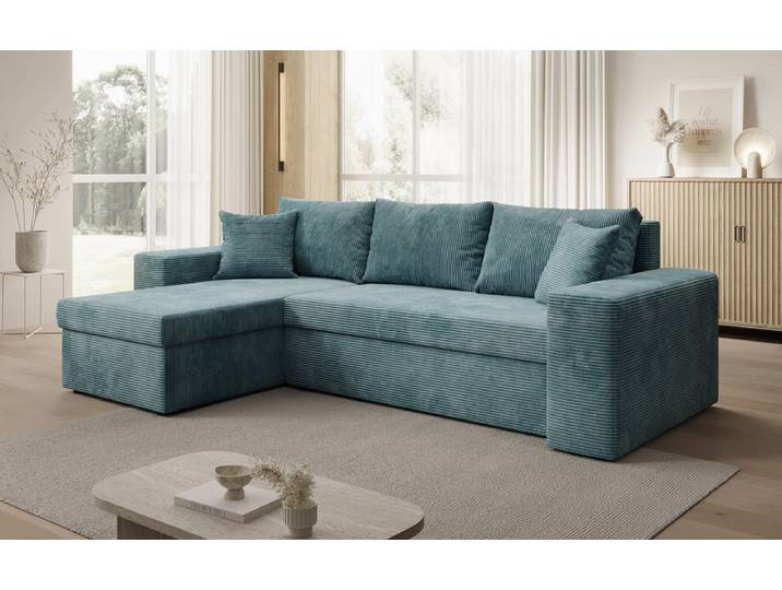 Designer Ecksofa Denver Cord mit Schlaf- und Klappfunktion - Petrol - Links - Cord - Luxusbetten24