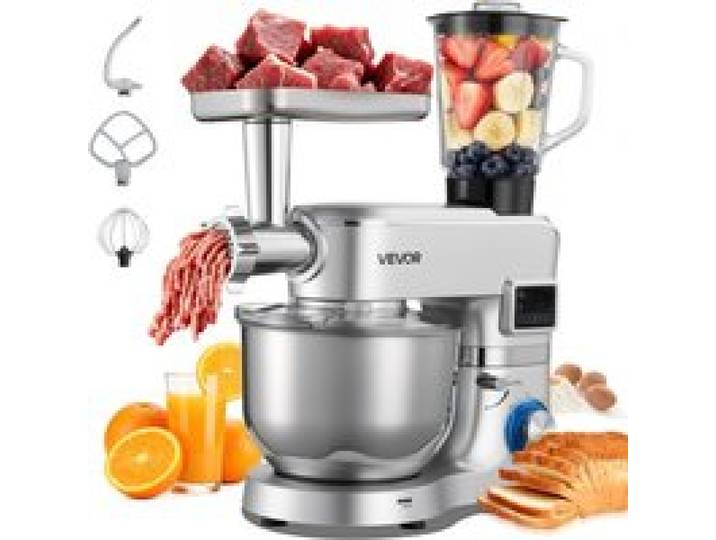 VEVOR multifunktionale Küchenmaschine elektrisch 1500 W mit Edelstahlschüssel (5,7 L) & Mixbecher (1,5 L), Knetmaschine Teigmixer mit 6+P Geschwindigkeiten & Knethaken & Schneebesen & Rührbesen