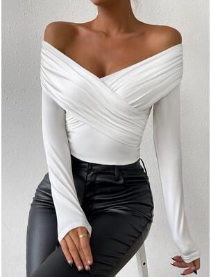 Lush Living Finds Womens Deep V Neck Off Shoulder Slim Fit Pleated Long Sleeve Top white s