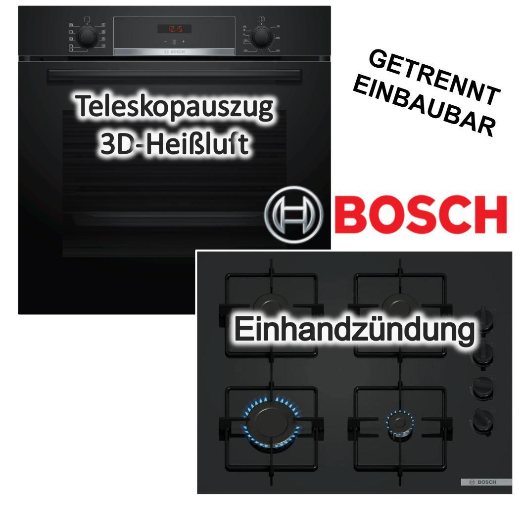 Herdset Bosch Backofen 3D Heißluft Hydrolyse Teleskopauszug Pizzafunktion+ Gaskochfeld 60cm Einhandzündung