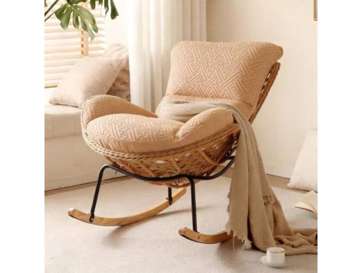 TINGMIAN Handgefertigter Rattan-Webstuhl, bequemer Lounge-Stuhl Bequemer Loungesessel aus PU-Leder, gepolstert, für Erwachsene, ideales Wohnzimmer oder Schlafzimmer, gestreift, Braun