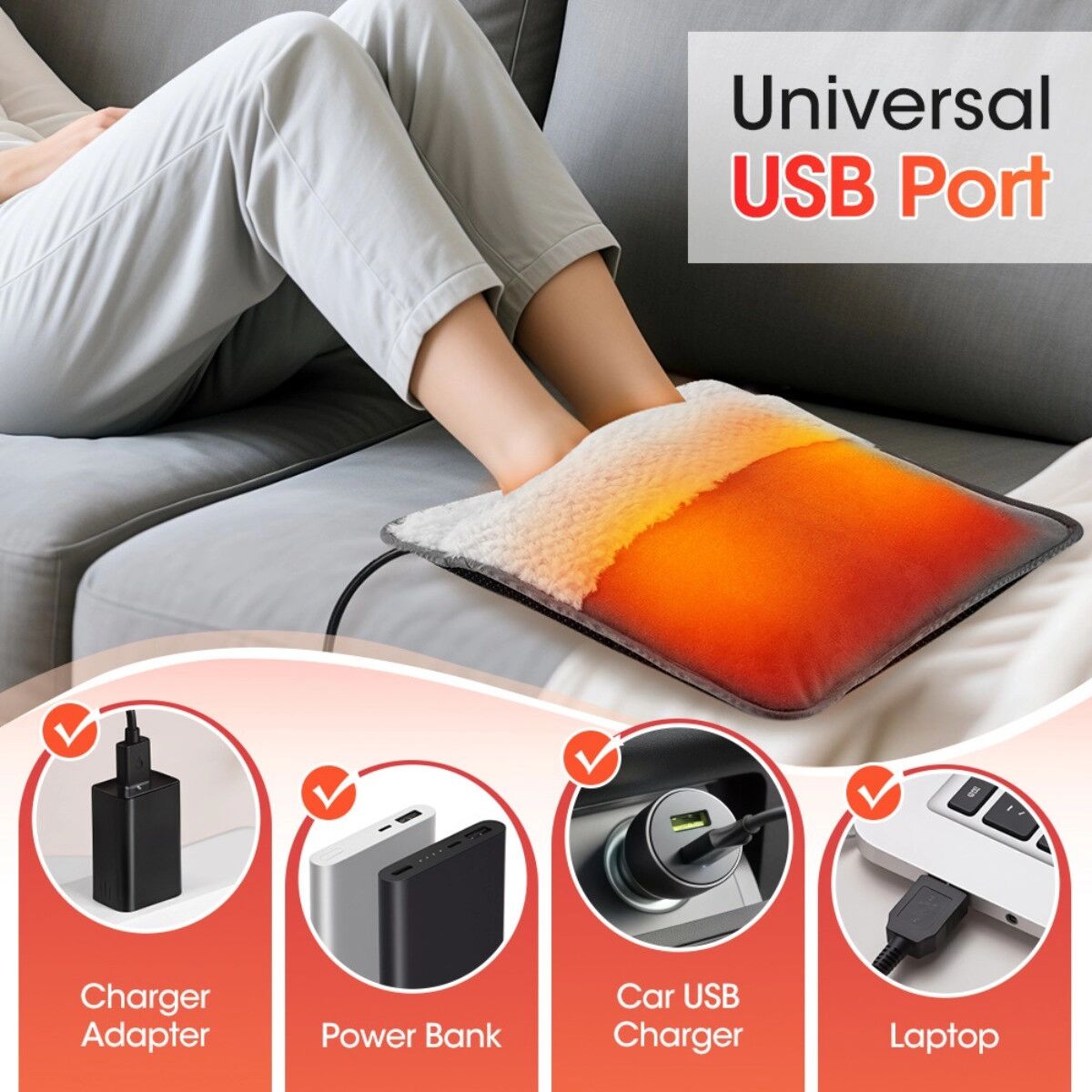 INF Tapis chauffant pour pieds USB en peluche – coussin chauffant portable gris avec noyau chauffant amovible