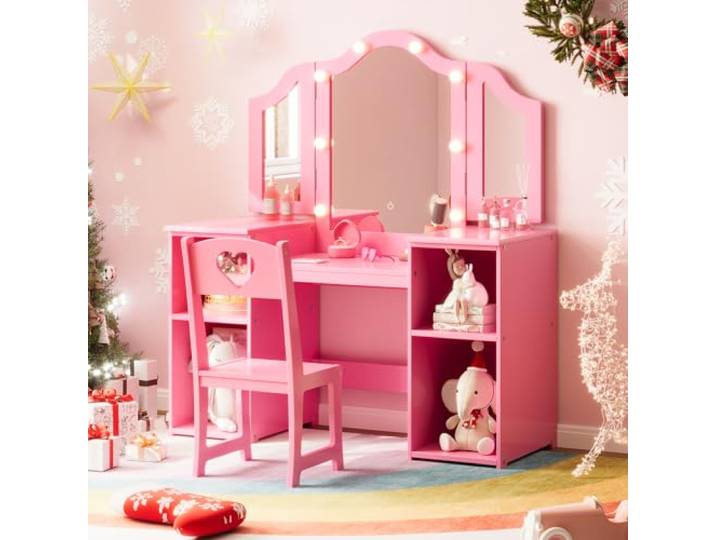 Garvee 2-in-1 Kinder-Schminktisch aus Holz mit Spiegel und Hocker Dreifach klappbarer Spiegel mit Touch-Licht, abnehmbarer Spiegelaufsatz und Stauraum