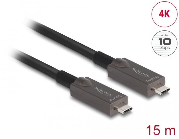 DeLOCK Aktives Optisches USB-C Video + Daten + PD Kabel 15 m, 15 m, USB C, USB C, USB 3.2 Gen 2 (3.1 Gen 2), 10 Gbit/s, Schwarz
