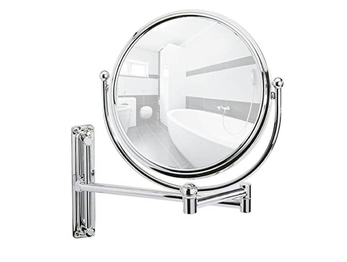 WENKO Miroir cosmétique mural Deluxe - réglable en hauteur\, orientable\, surface de miroir ø 19 cm 500 % grossissement\, Acier\, 23 x 28.5 x 33 cm\, Chromé