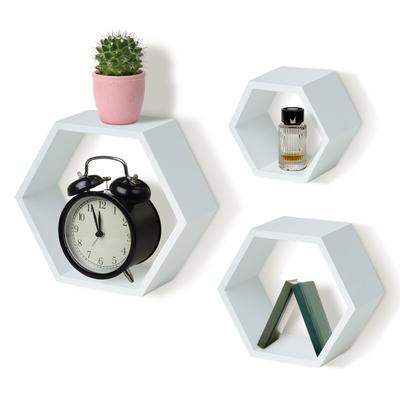 IvoQ Hexagon Wandregale – 3er Set – Holz – Weißes Kiefernholz – Schwebende Wandregale – Inklusive Befestigung