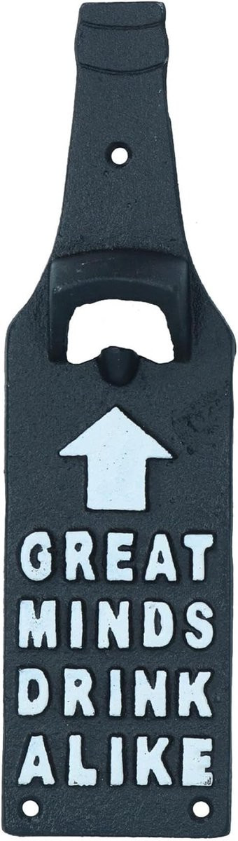 Zwarte gietijzeren wandflesopener met decoratieve tekst, 27 cm