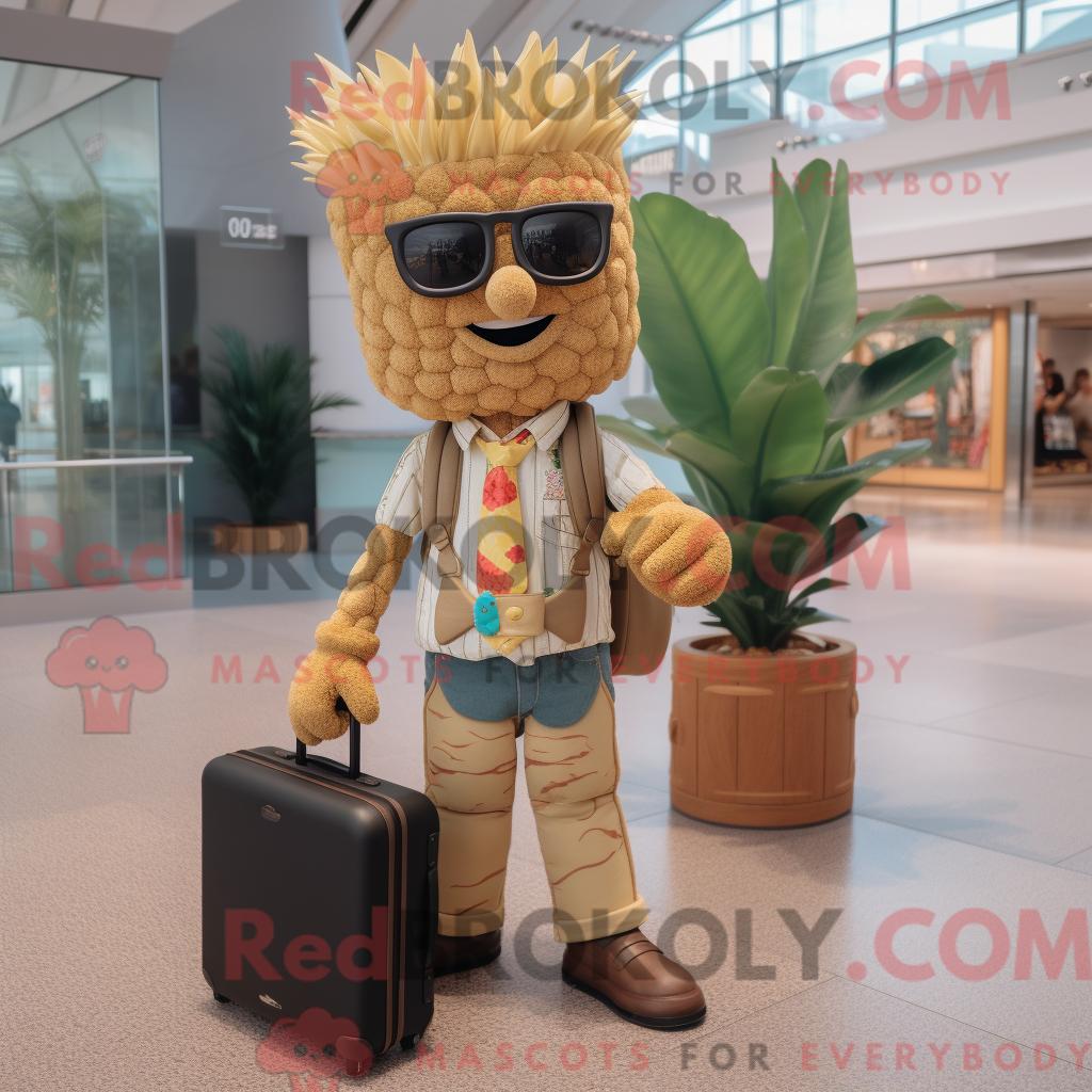 Maskottchen REDBROKOLY einer hellbraunen Aas in Jeans und Aktentasche