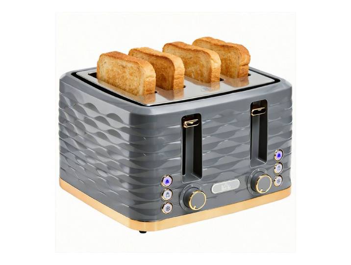 FELIXLEO Wasserkocher 4-Scheiben-Toaster 7 Bräunungsstufen High-Lift Aufwärmen Auftauen Grau