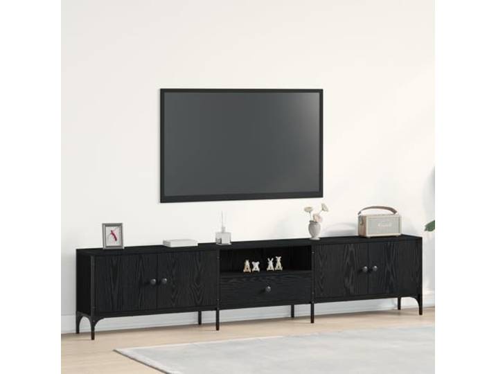 HEFZGDB TV-Schrank mit Schublade Schwarz Eiche 200x25x44 cm Moderner TV-Stand mit sechs Fächern für Multimedia-Geräte und Flachbildfernseher Robuster Holzwerkstoff mit eleganter