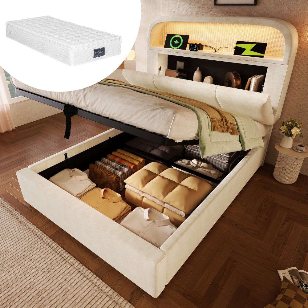 KOMHTOM Lit tapissier simple en sami beige 90x200cm Beige 211x110x95cm