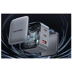 Vention GaN USB-C+C+A 70W Charger (Gray) (70 W, 3 Ports), USB Ladegerät, Grau