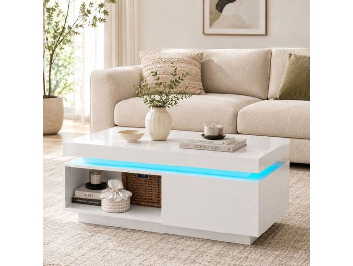 Table basse blanche Brillante à LED Table basse rectangulaire moderne avec tiroir Table d'appoint de salon