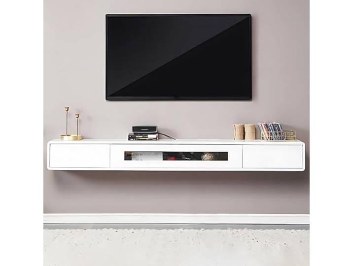 Ahtadums Massivholz TV Lowboard Hängend, TV Schrank hängend mit 2 Schubladen TV Board hängend, Mit Glastürfüllung, komplett montiert (Weiß, 180cm)