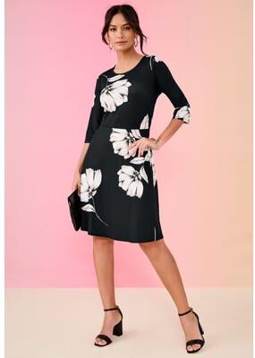 Plus Size Women's Plus Size Stretch Knit Fit-And-Flare Dress by Roaman's in Black Begonias (Size 16 W)